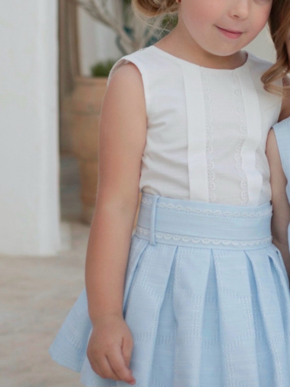 Girls Pleated Lace-Trim Sky Blue Skirt